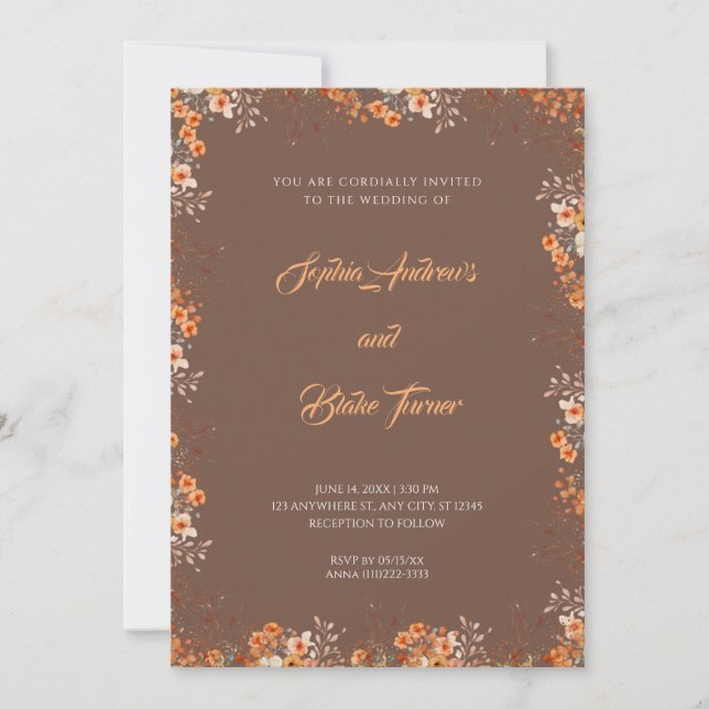 Convite Casamento Marrom Bonito das Flores Laranja Delicad (Frente)