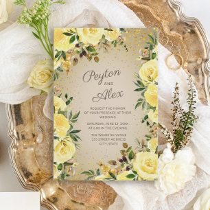 Convite Casamento Marrom Brilho Floral Amarelo Ouro Elegan