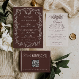Convite Casamento Marrom Chocolate Floral Clássico Dinheir