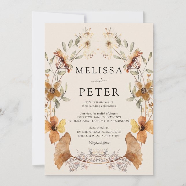 Convite Casamento Marrom de Flor Silvestre (Frente)