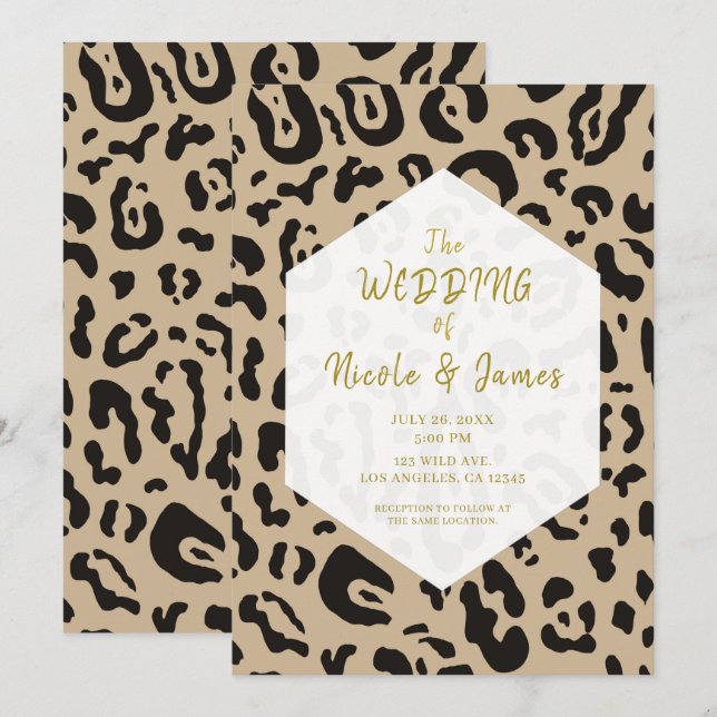 Convite Casamento Marrom e Preto Chique com Estampa de Gue (Frente/Verso)