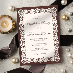 Convite Casamento Marrom Espresso Elegante com Renda Marfi
