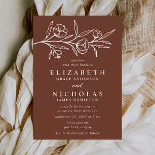 Convite Casamento Marrom Floral Desenhado