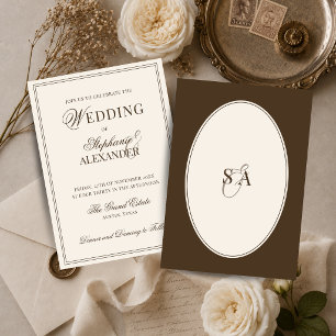 Convite Casamento Marrom & Marfim Monograma Antigo Elegant