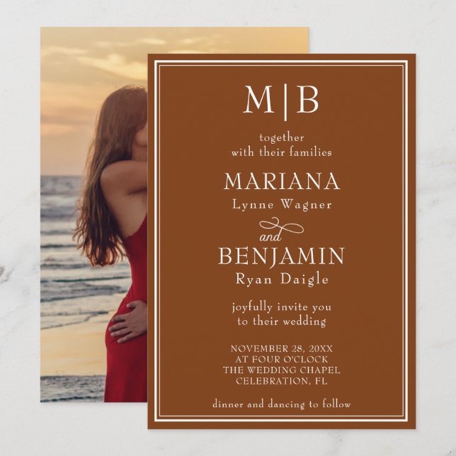 Convite Casamento Marrom Minimalista Moderno em Foto (Frente/Verso)