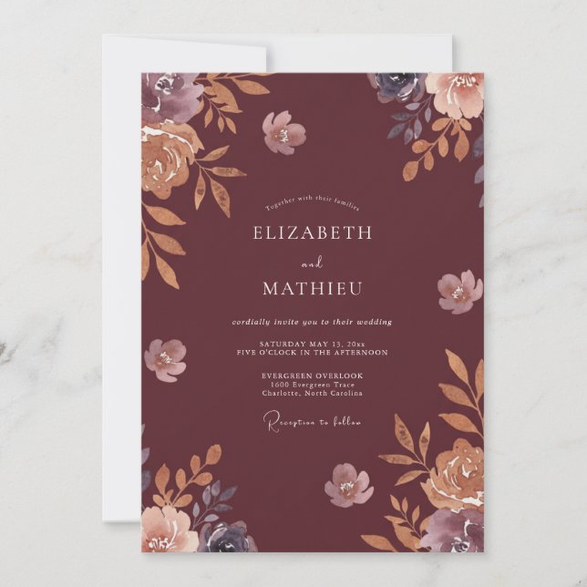 Convite Casamento Marrom Ranunculus Poeira de Eucalipto (Frente)