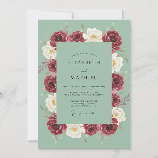 Convite Casamento Marrom Ranunculus Seafoam Eucalipto (Frente)