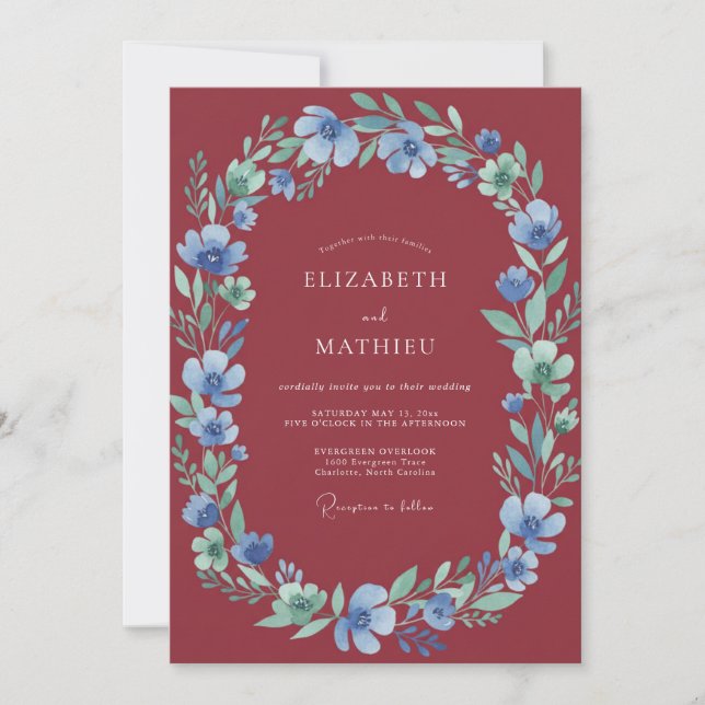 Convite Casamento Marsala Periwinkle Folhagem (Frente)
