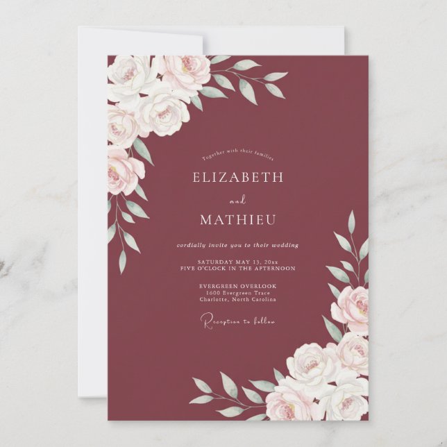 Convite Casamento Marsala Ranunculus Eucalipto Empoeirado (Frente)