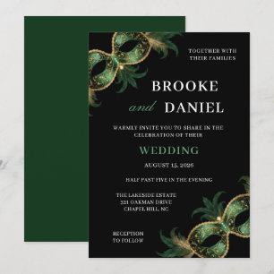 Convite Casamento Máscara Verde Dourado Chic com Penas