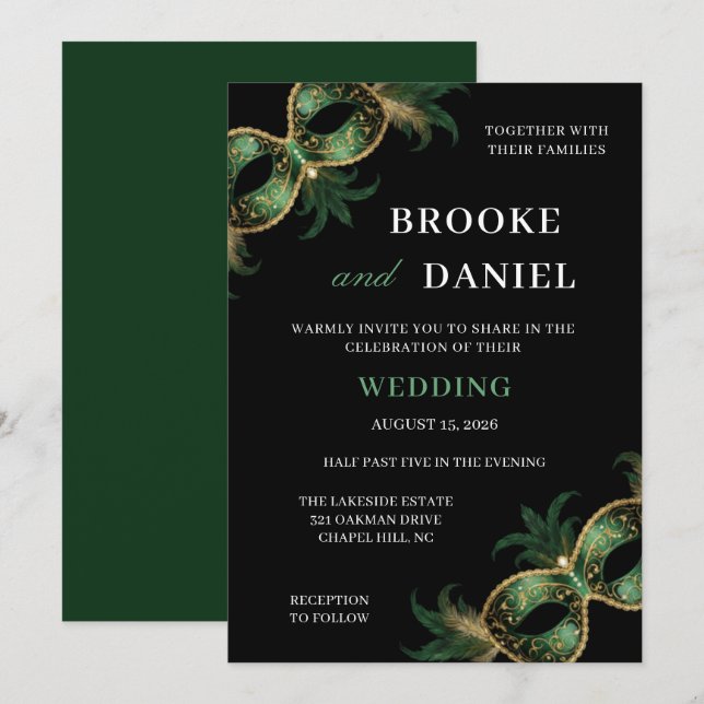 Convite Casamento Máscara Verde Dourado Chic com Penas (Frente/Verso)