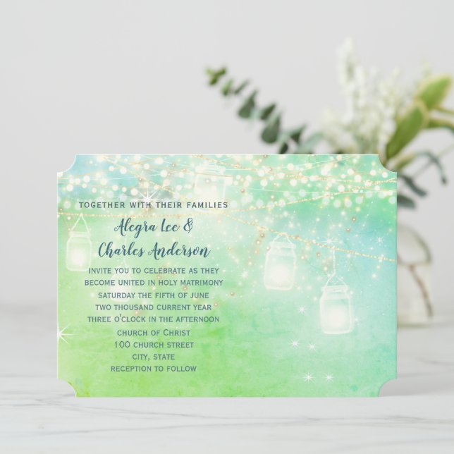 Convite Casamento Mason Jar Farmhouse de Frente Azul (Em pé/Frente)