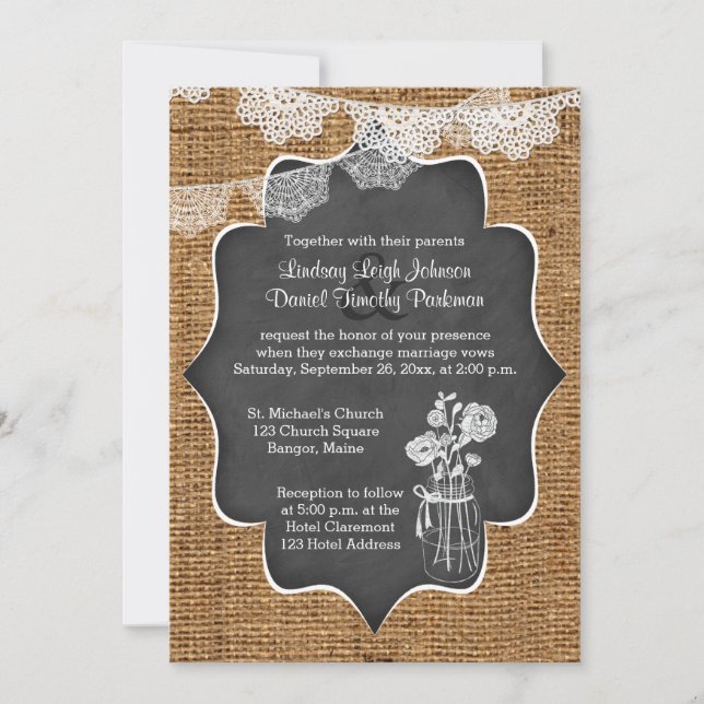 Convite Casamento| Mason Jar, Lace, Burlap| Quadro (Frente)