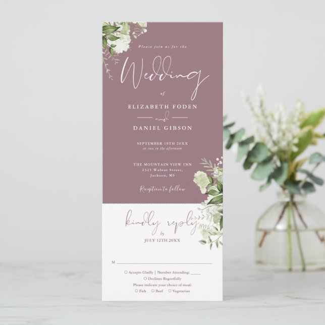 Convite Casamento Mauve Botânico Tudo Em Um (Em pé/Frente)
