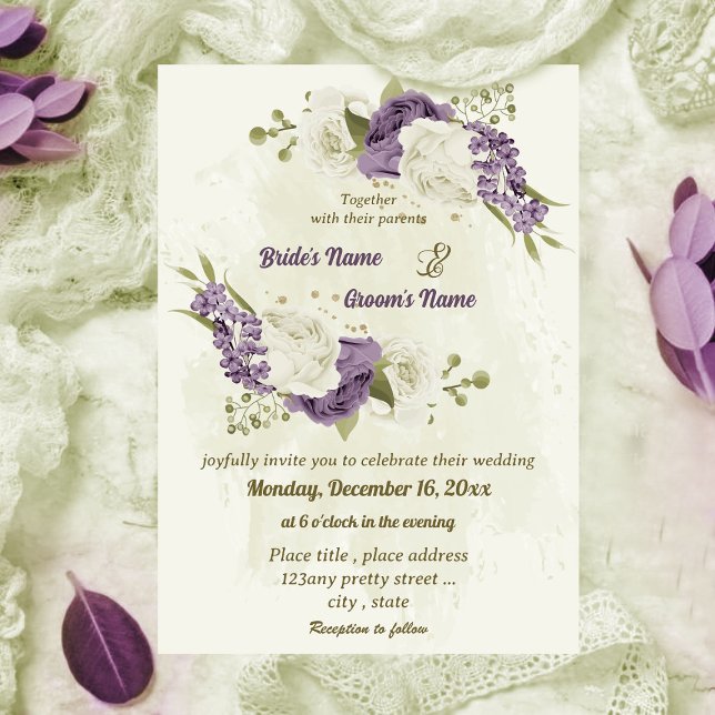 Convite casamento mauve de flores brancas verde (Criador carregado)