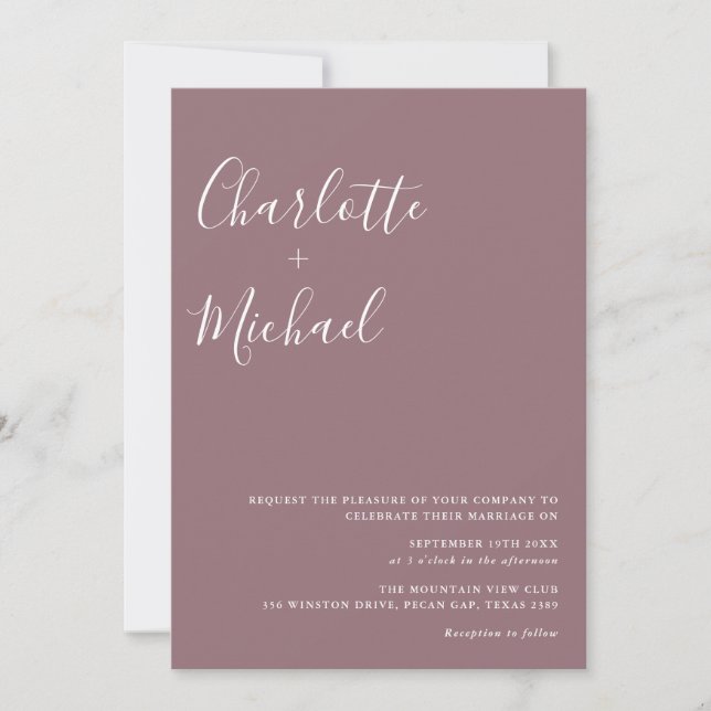 Convite Casamento Mauve de Script de Assinatura Minimalist (Frente)