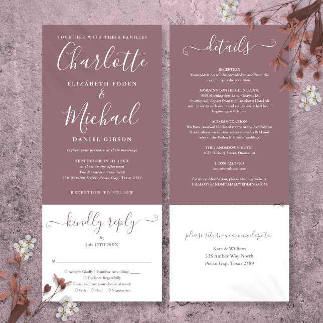 Convite Casamento Mauve Elegant Script Tudo Em Um (Mauve Elegant Script All In One Wedding Invitation)
