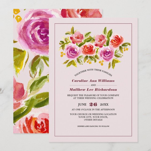 Convite Casamento Mauve Peach Red Floral Watercolor (Frente/Verso)