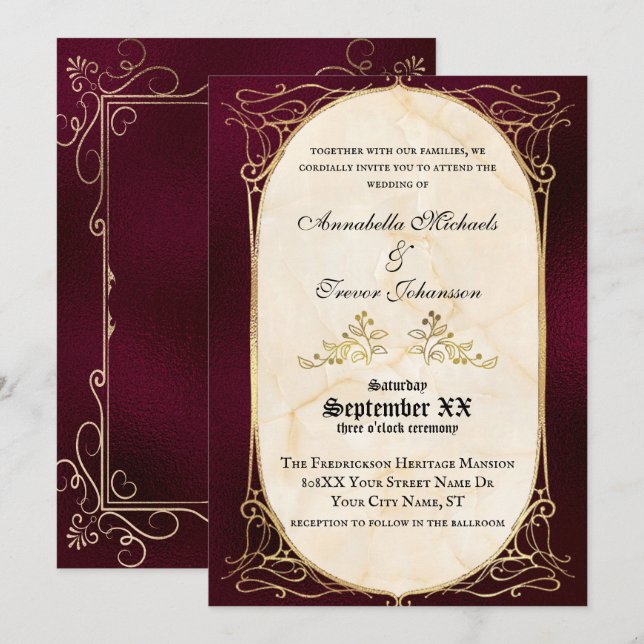 Convite Casamento Medieval Burgundy e Dourado (Frente/Verso)