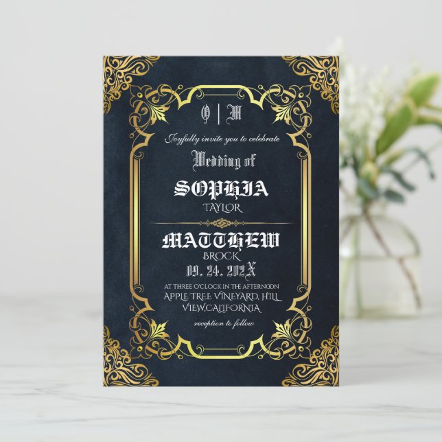 Convite Casamento Medieval Dourado Real Preto (Em pé/Frente)