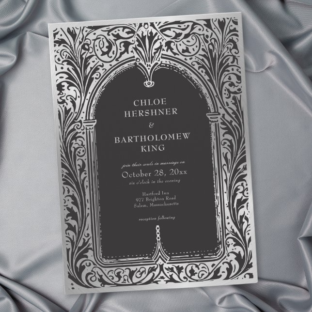 Convite Casamento Medieval Gótico Preto Prata (Gothic Black Silver Medieval Wedding Invitation)