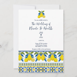 Convite Casamento Mediterrâneo Aquarela Limão Amarelo Azul
