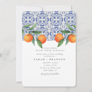 Convite Casamento Mediterrâneo azulejo Azul Laranja Laranj