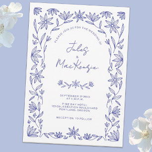 Convite Casamento Mediterrâneo Floral Azul Branco