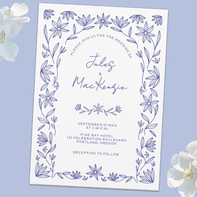 Convite Casamento Mediterrâneo Floral Azul Branco (Modern Mediterranean wildflower line art blue and white wedding invitation)