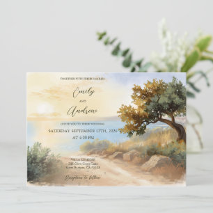 Convite Casamento Mediterrâneo Pôr do Sol Aquarela