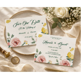 Convite Casamento Mediterrâneo Rosa Cor-de-Rosa & Limão