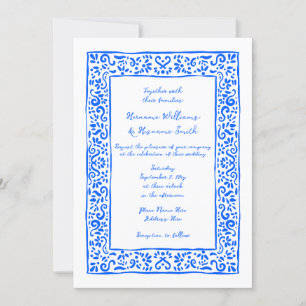 Convite Casamento Mediterrâneo RSVP QR Desenho à Mão Azul