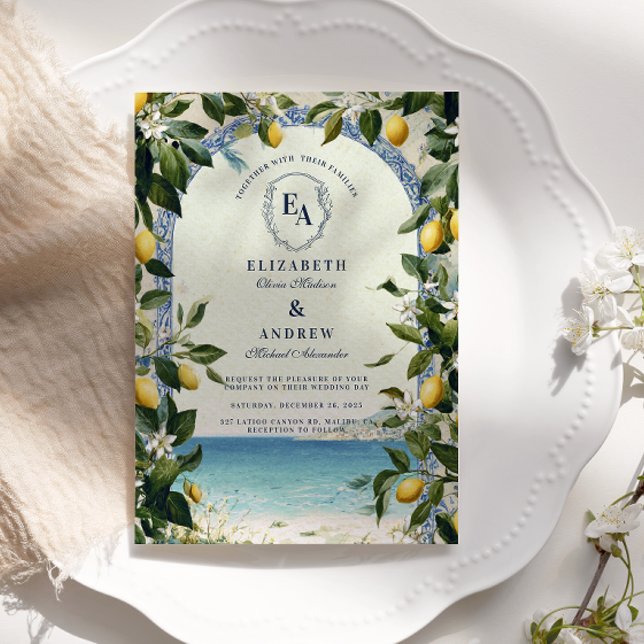 Convite Casamento mediterrânico com limão e verde (Criador carregado)