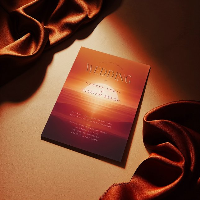Convite Casamento mediterrânico do pôr do sol (Red mediterranian sunset wedding invitation. Inspired by romance novels.)