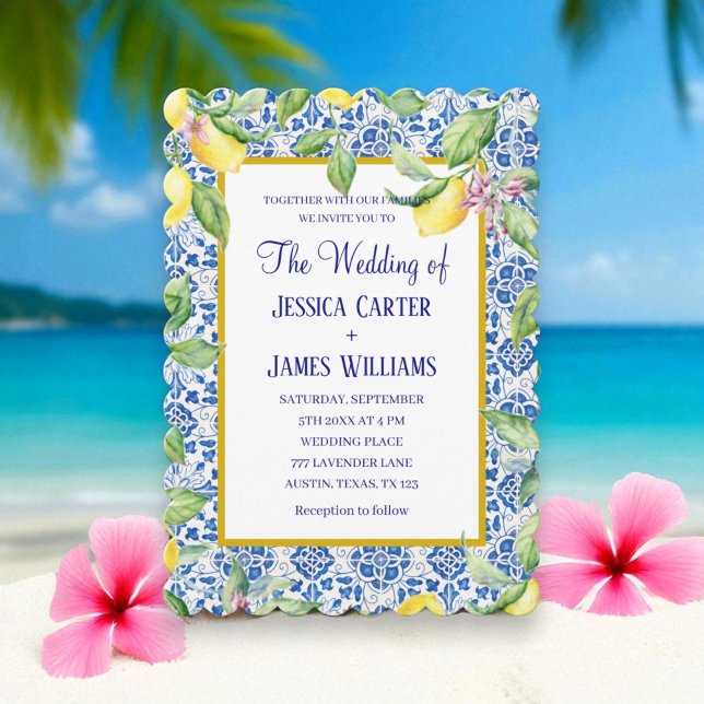 Convite Casamento mediterrânico dos Azulejos Limões (Criador carregado)