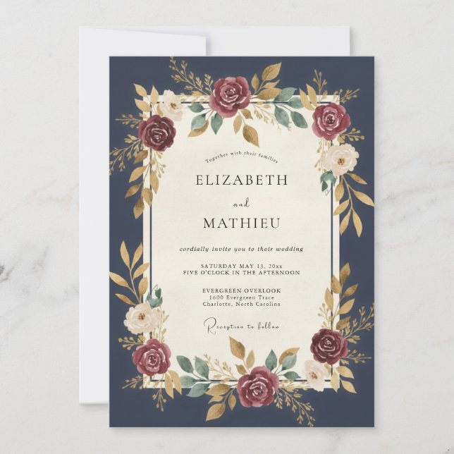 Convite Casamento Meia-Noite Dália Carmesim (Frente)