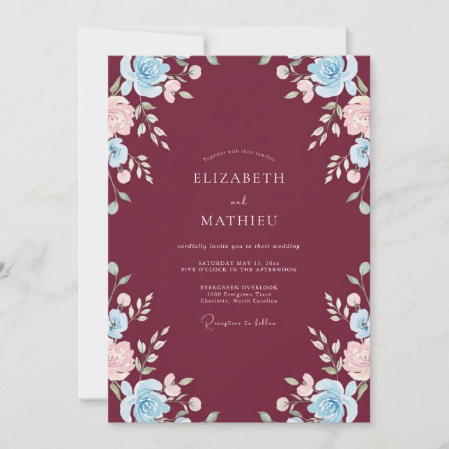 Convite Casamento Merlot Azure Ranunculus Eucalipto (Frente)