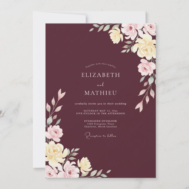 Convite Casamento Merlot Blush Ranunculus Eucalipto (Frente)