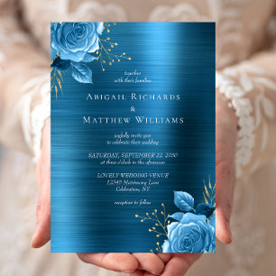 Convite Casamento Metal Brushed Floral Azul Dourado