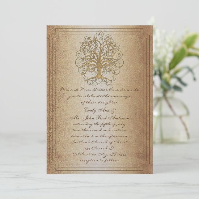 Convite Casamento Metálico Dourado da Árvore Suave Dourada (Em pé/Frente)