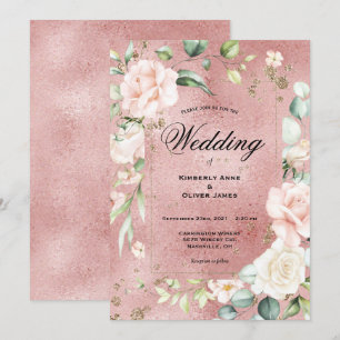 Convite Casamento Metálico Elegante Floral Eucalyptus Rosa