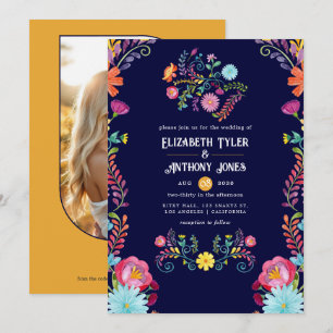 Convite Casamento Mexicano Fiesta com Azul Marinho e Flora