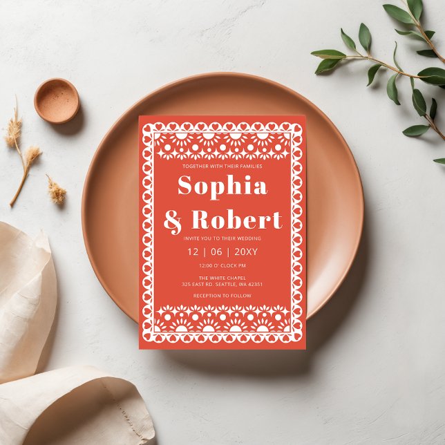 Convite Casamento Mexicano Fiesta Red Papel Picado Boho (Mexican Fiesta Red Papel Picado Boho Wedding Invitation)