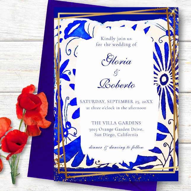 Convite Casamento Mexicano Talavera Blue & Ouro (Criador carregado)