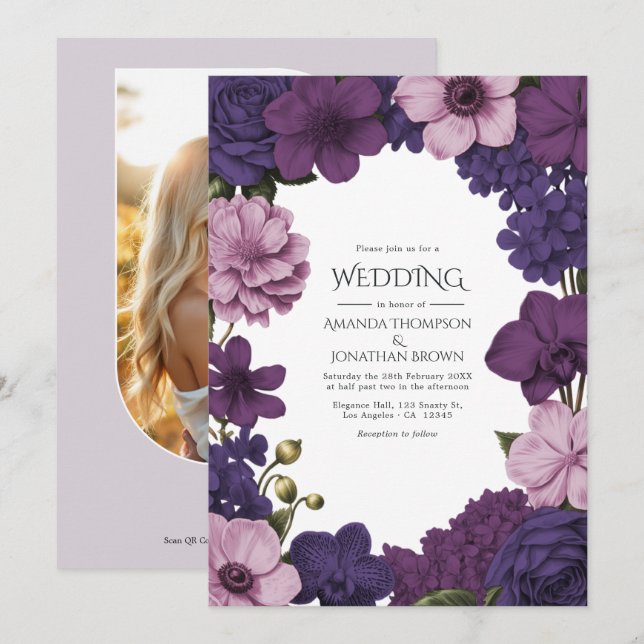 Convite Casamento Midnight Iris, Velvet Plum & Dusty Petal (Frente/Verso)