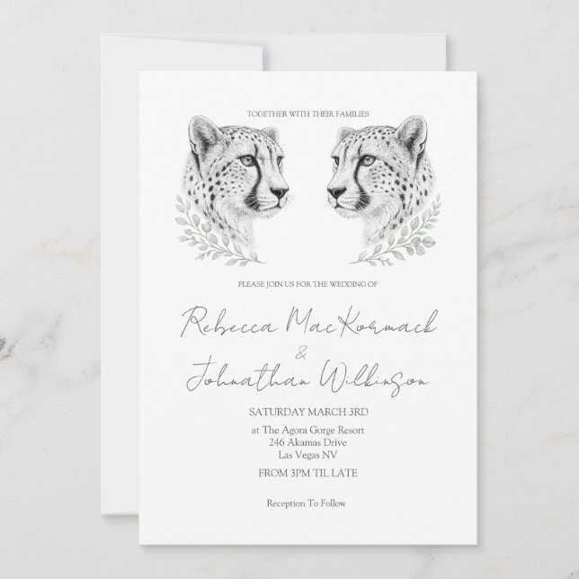 Convite Casamento Minimal Cheetah Chic Preto Script Grande (Frente)