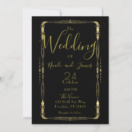 Convite Casamento Minimal Retro Vintage Preto e Dourado De