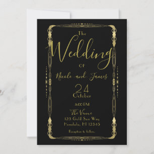 Convite Casamento Minimal Retro Vintage Preto e Dourado De