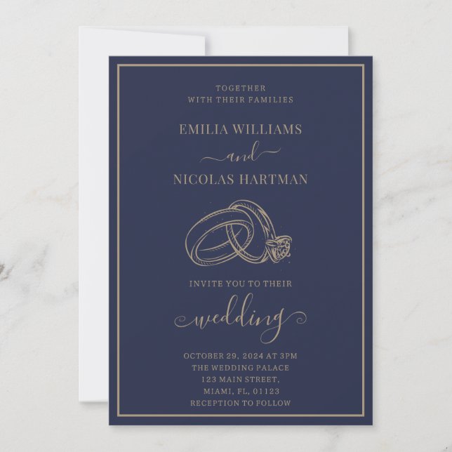 Convite Casamento Minimalista Azul Clássico Elegante (Frente)