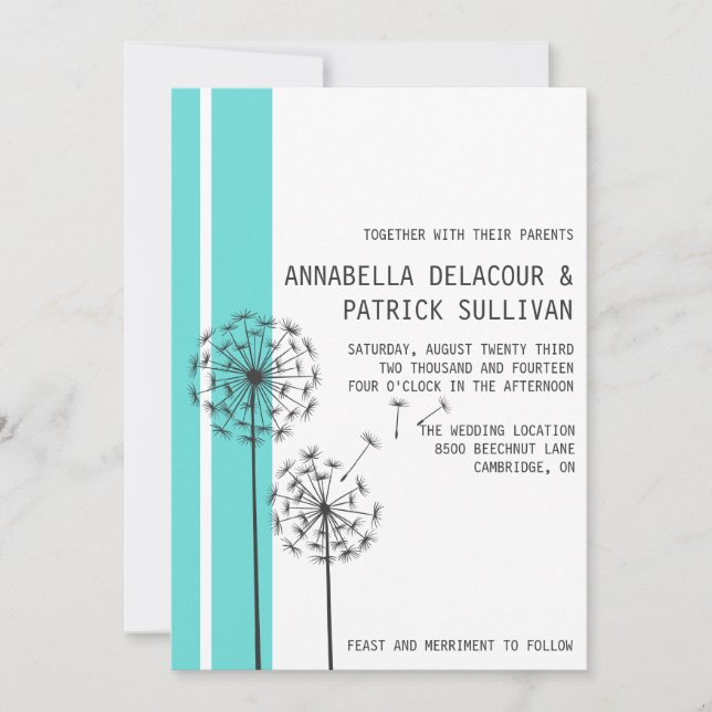Convite Casamento Minimalista Azul com Dandelions (Frente)